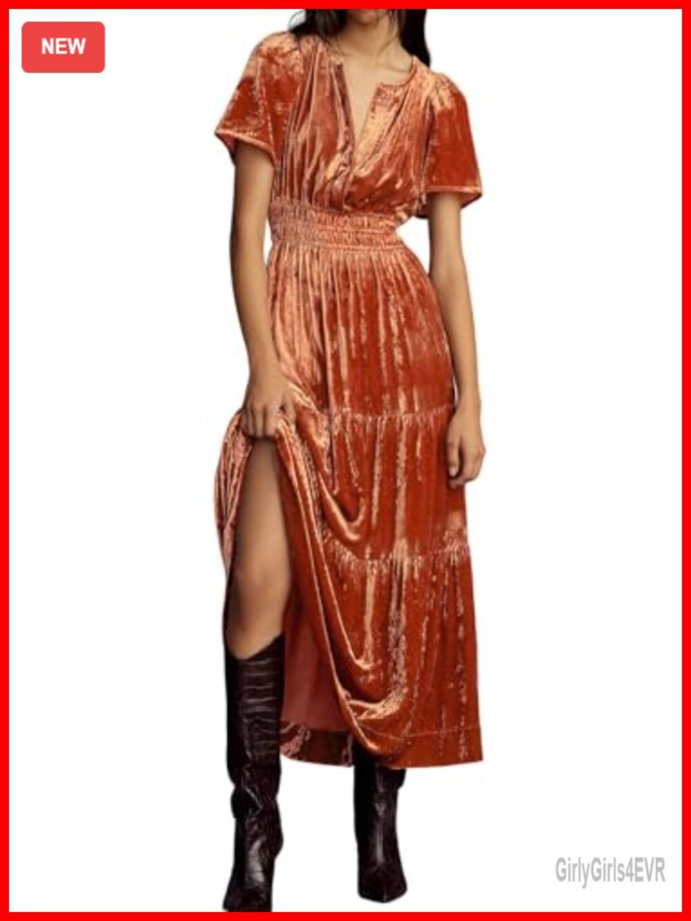 Womens Velvet Maxi Dress V Neck Elastic Waist Ruffle Tiered A-Line
